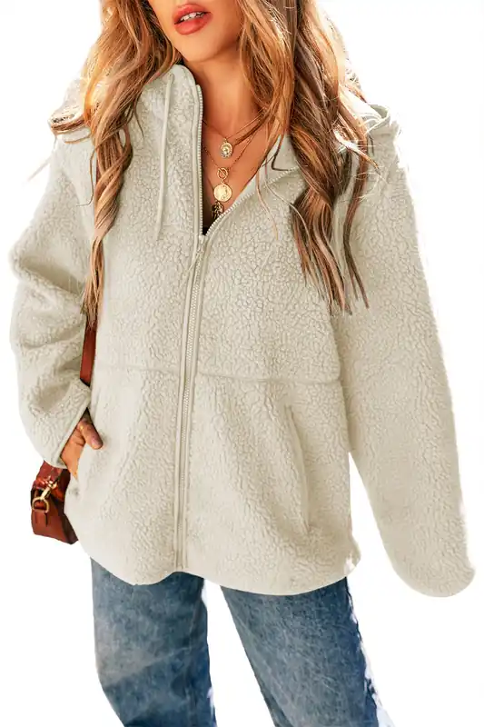 Beige Fleece Zip Up Drawstring Hooded Pocketed Jacket - Everyday The Label