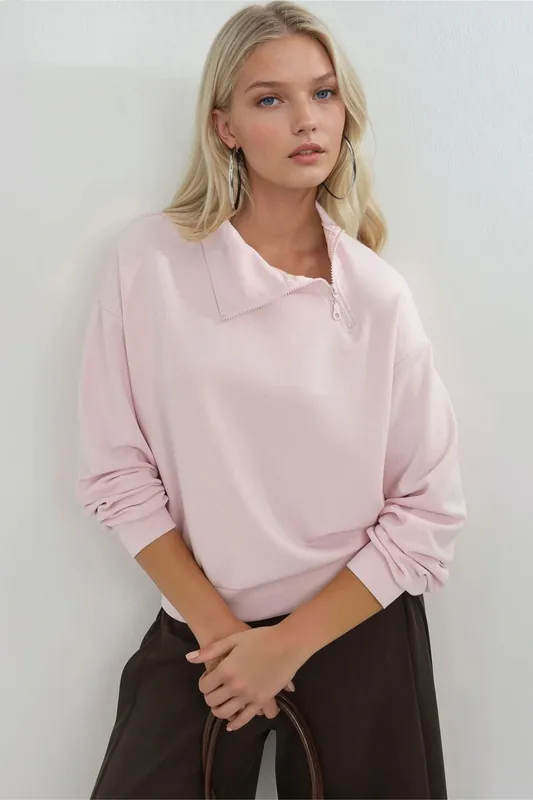 Relaxed Fit Zipper Collar Sweatshirt - Busem