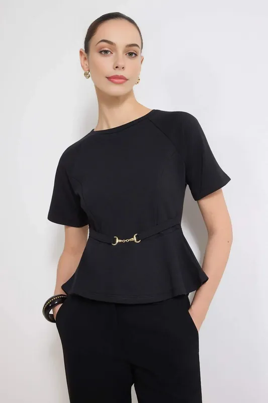 Horsebit Belt Peplum Top with Raglan Sleeve - WOVCOR