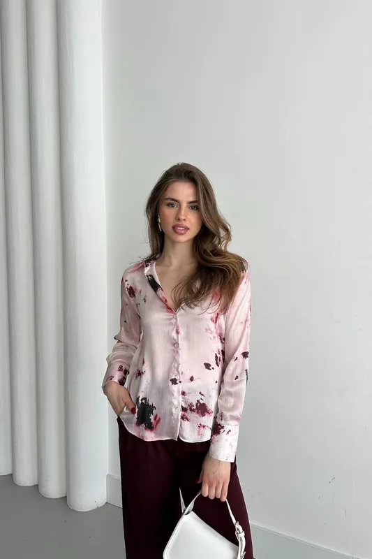 Abstract Print Satin Button-Up Shirt
