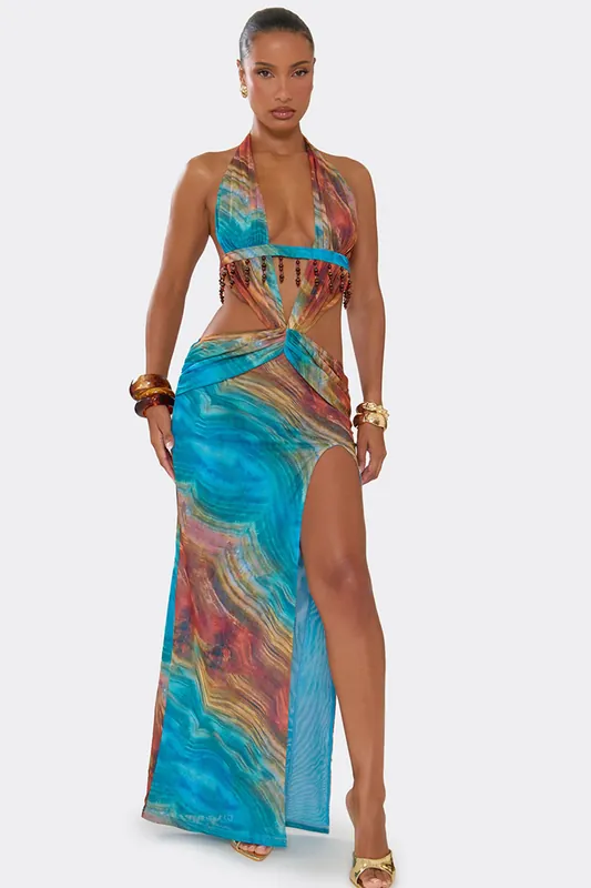 Sleeveless Beaded Abstract Print Maxi Dress - EGO