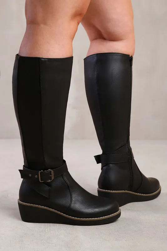 Ayleen' Wide Calf Wedge Heel Knee High Boots With Elastic Panel - Where's That From