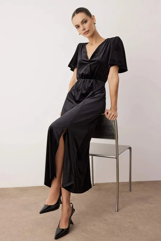 Wrap V-Neck Midi Knitted Dress with Soft Velvet Touch