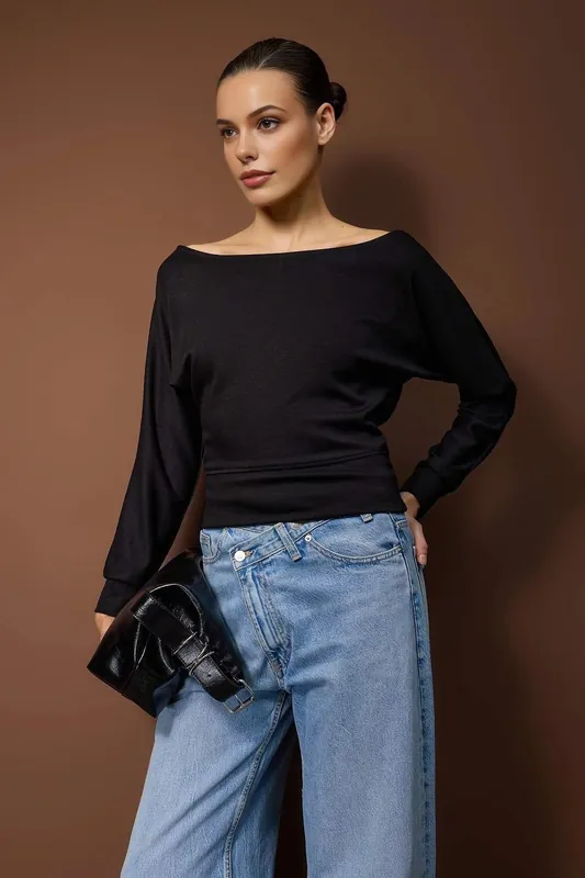 Boat Neck Long Sleeve Stretch Knit Blouse - WOVCOR