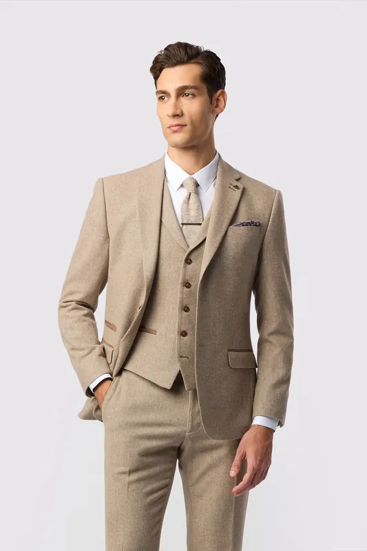 Camel Herringbone Tweed Slim Fit Jacket - Antique Rogue