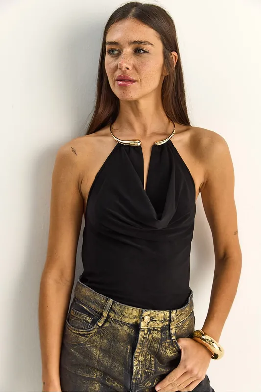 Halter Collar Blouse with Stone Accessory - Bianco Lucci