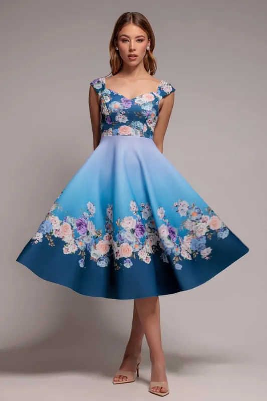 Floral Printed Scuba Foam Skater Dress - Goddiva