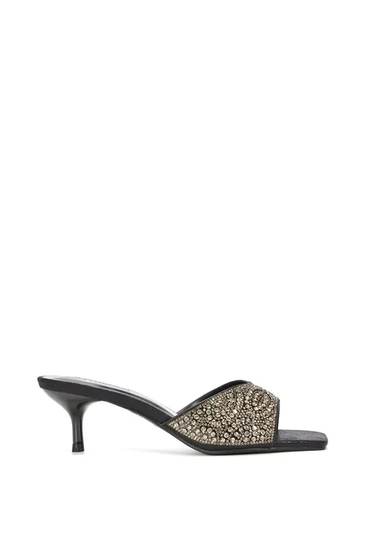 Ottilie' Sparkly Crystal Kitten Heeled Sandal Mules - XY London