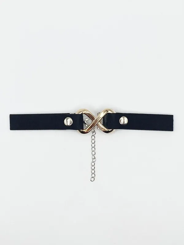 Black Faux Suede Choker Necklace With Gold Metal Centre Piece - SVNX