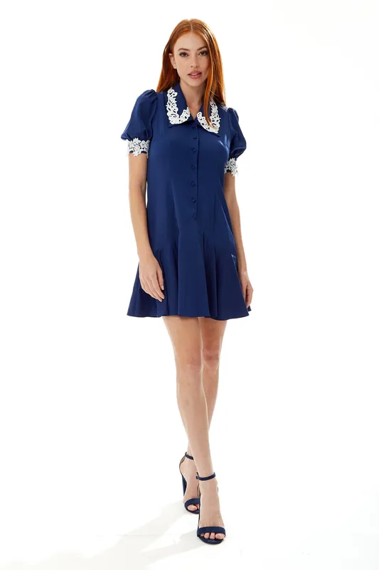Fitted Mini Dress in Navy with Lace Details on Collar and Sleeves - Liquorish
