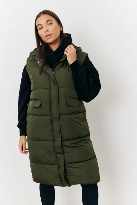 Khaki Longline Hooded Puffer Gilet - In The Style