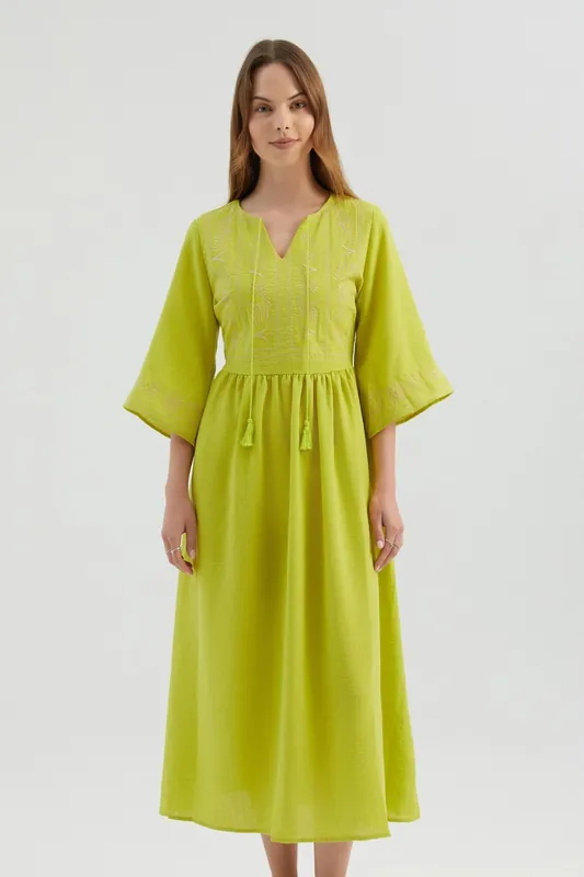 V Neck Drawstring Maxi Dress with a Bell Sleeves - Hiccup