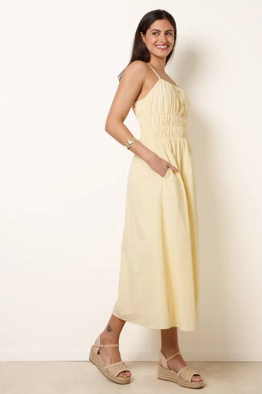 Yellow Ruched Binding Strappy Midi Dress - Blue Vanilla