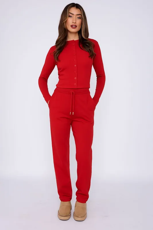 Ribbed Button Detail Crop Top and Wide Leg Trouser Co-ord