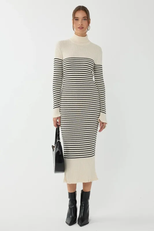 Striped Turtleneck Midi Knit Dress - Hiccup