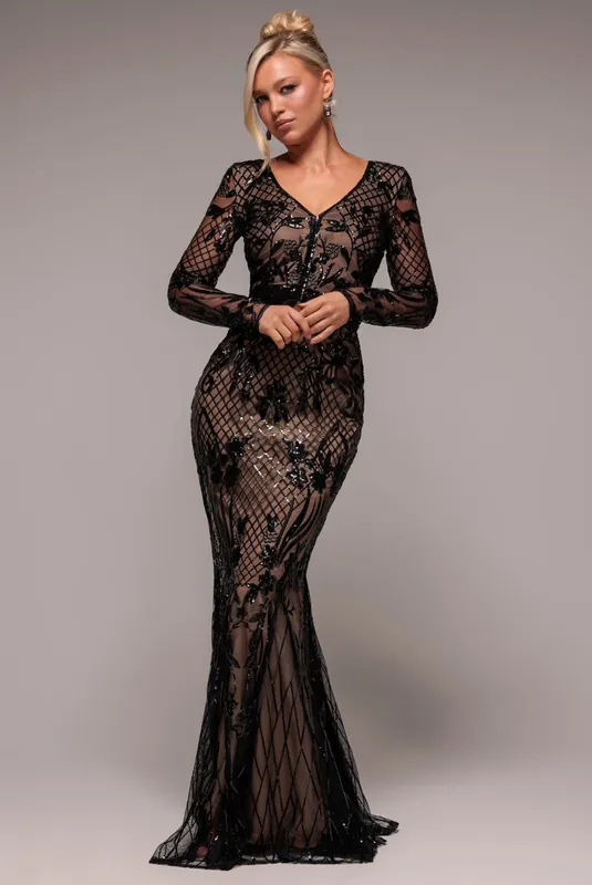 Full Sleeve Sequin Evening Dress - Goddiva