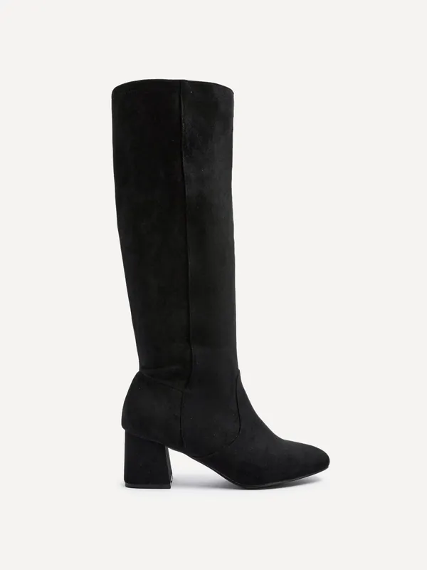 Frosty Black Faux Suede Block Heeled Knee High Boot - Linzi