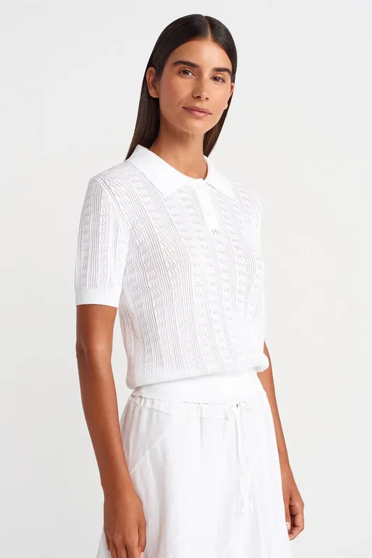 Textured Lace Knit Polo Blouse - Dilvin