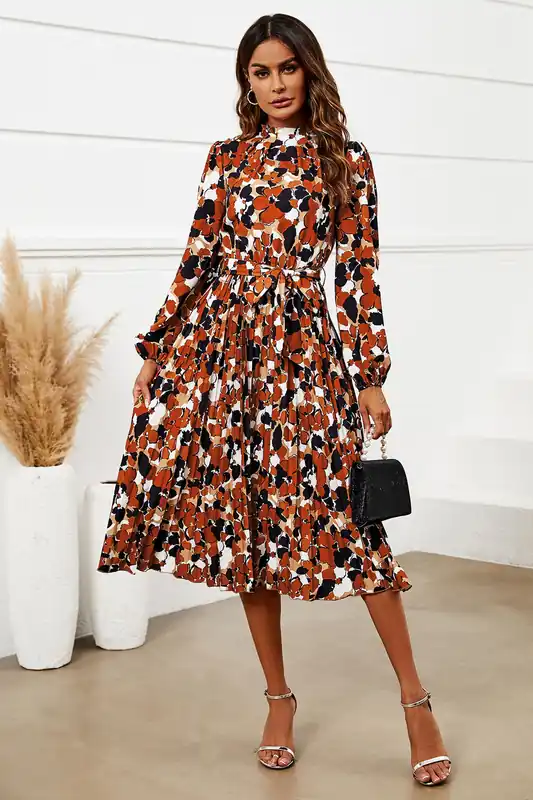 Floral Print High Neck Long Sleeve Midi Dress In Rust - FS Collection