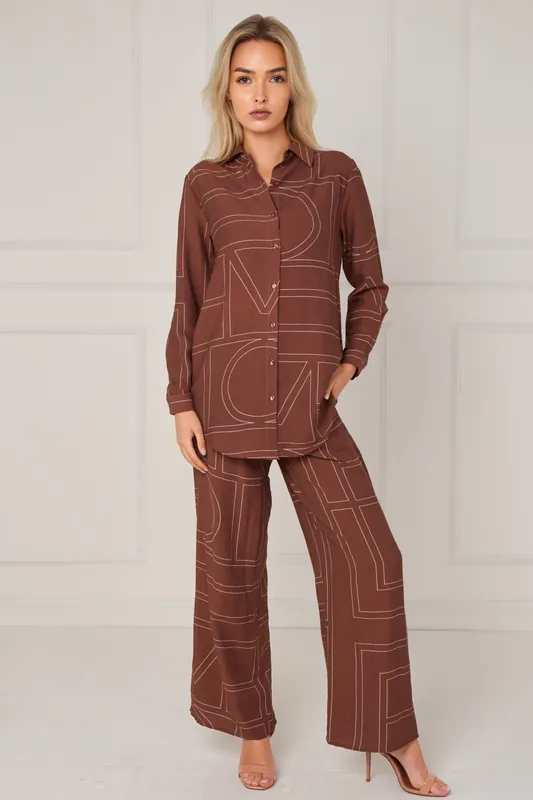 Chocolate Geometric Line Print Wide-Leg Co-ord