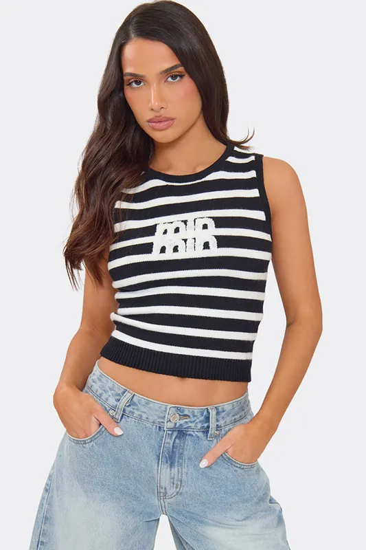 Sleeveless Crew Neck Striped Knit Crop Vest - EGO