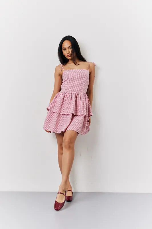 Seersucker Gingham Shirred Mini Dress - In The Style