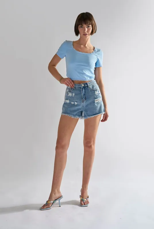 Light-Blue Square-Neck-Crop Tops
