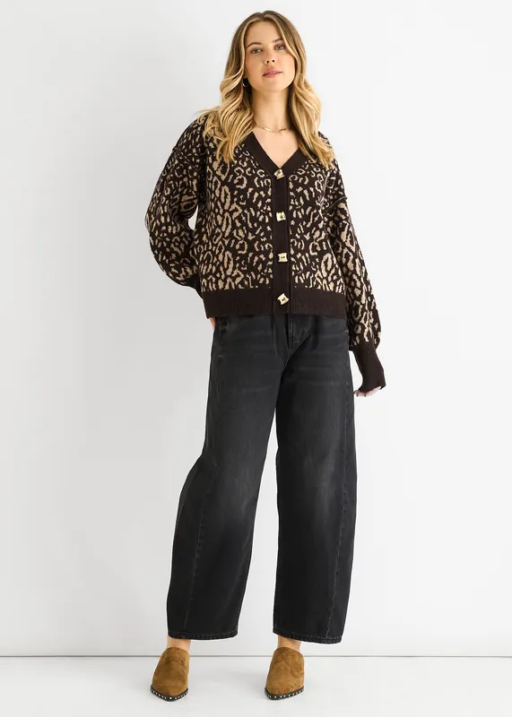 Chocolate Animal Print Wool Mix Cardigan Look Jumper - Gini London