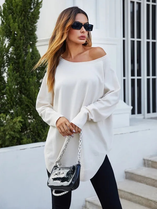 Oversize Knitted Jumper Top In Ecru - FS Collection