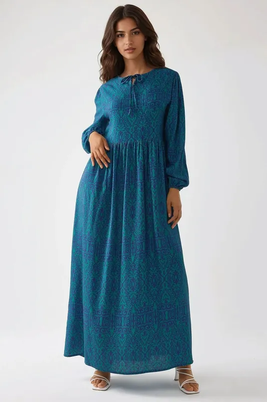 Printed A-Form Maxi Dress with Crew Neck