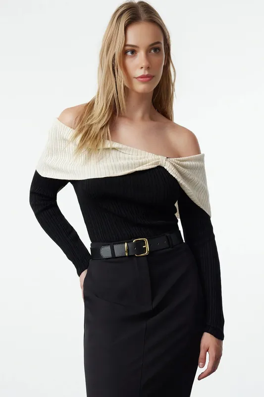 Off-Shoulder Rib-Knit Bardot Sweater