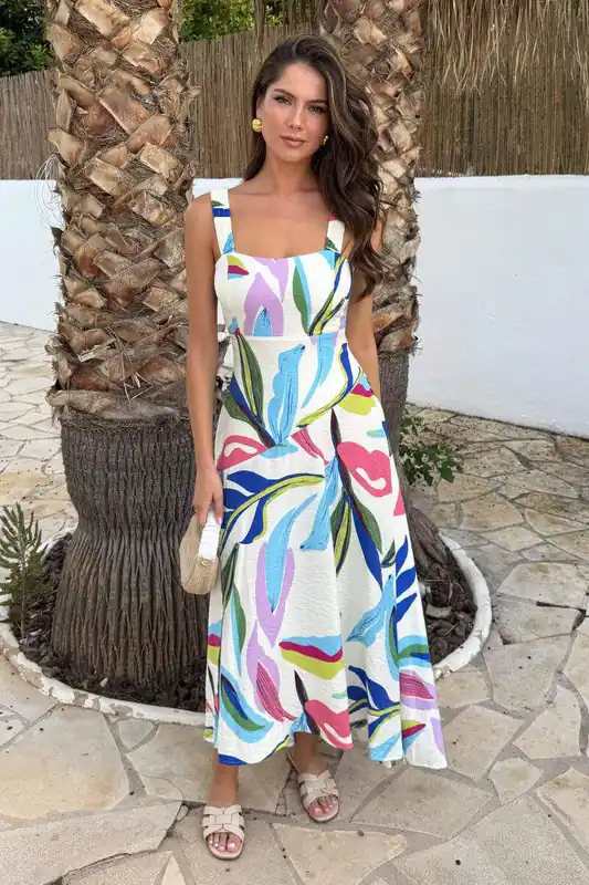 Multi Leaf Print Shirred Straps Button Detail Midi Dress - AX Paris