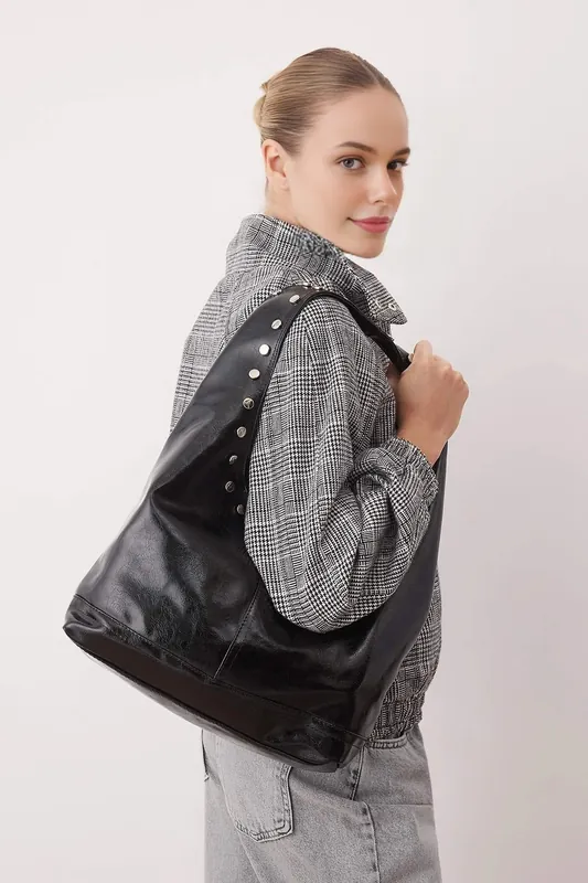 Oval Medium Shoulder Bag With Stud Detail - WOVCOR
