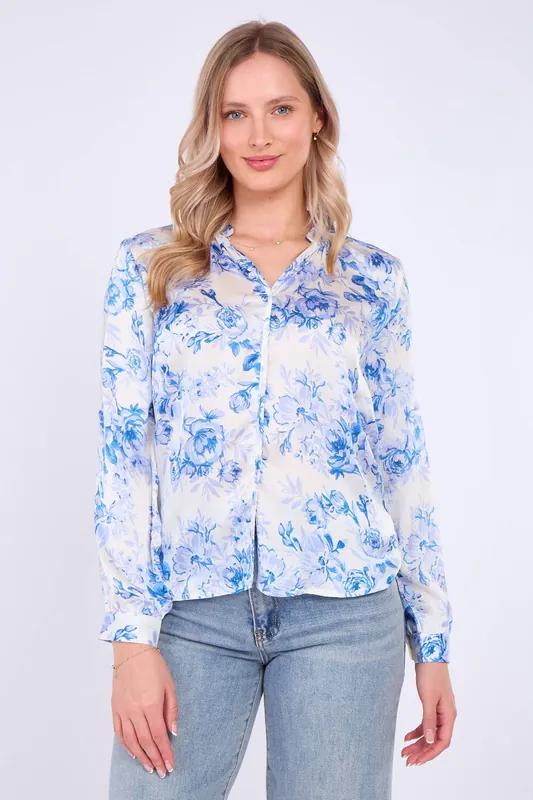 Blue Floral Print Satin Blouse - Love Sunshine