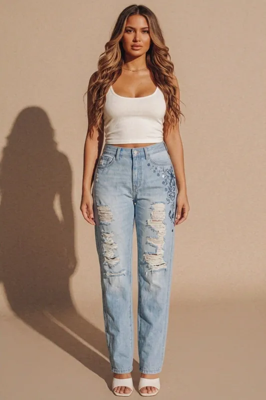 Light Blue Wash Distressed Graphic Mom Jeans – Hellna - Femme Luxe