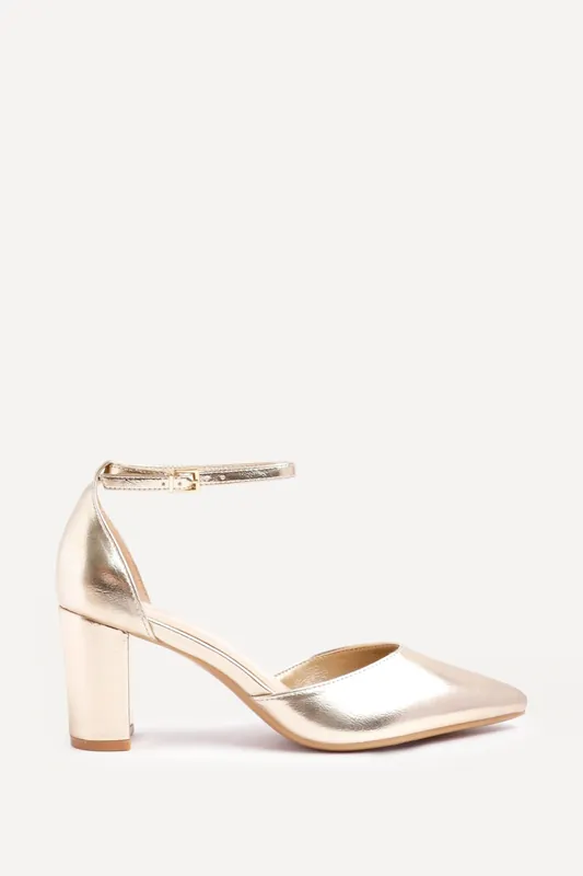 Leona Gold Faux Leather Closed Back Block Heeled Court Shoe - Linzi