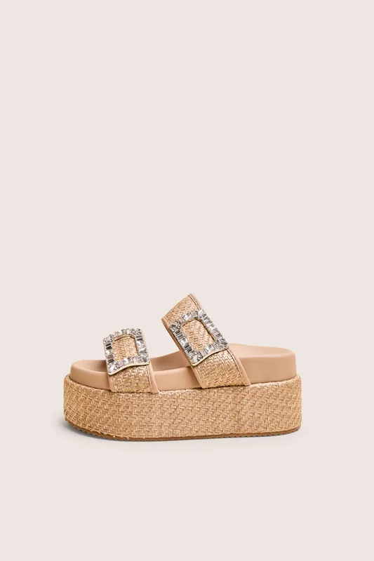 Bettie Natural Rattan Diamante Buckle Detail Flatform Slider Sandals - Public Desire