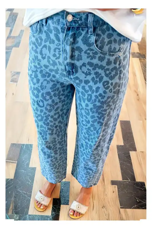 Sky Blue Leopard Print Straight Loose Jeans - Everyday The Label