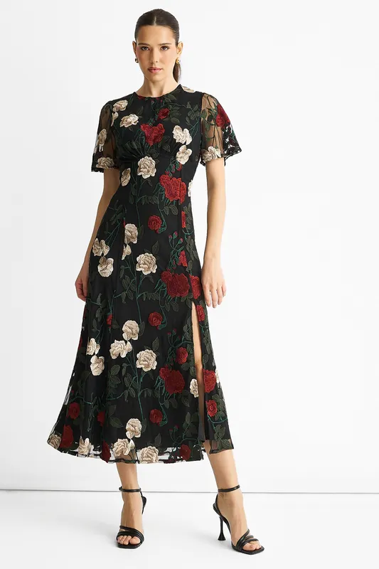 Black Angel Sleeves Embroidered Occasion Midi Dress - Gini London