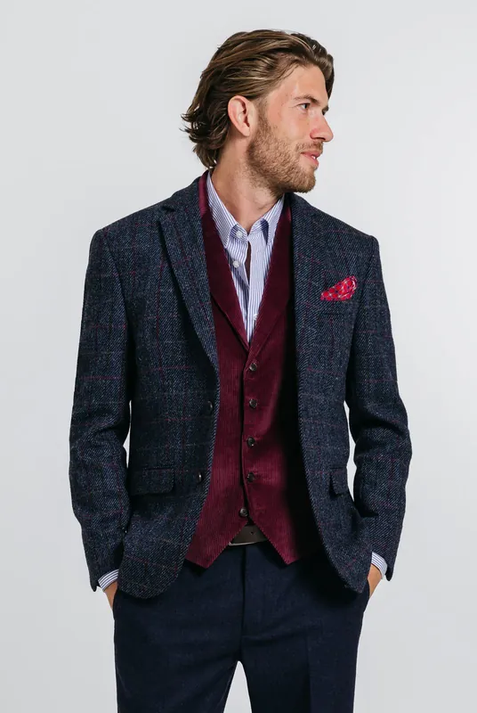 Dark Blue Windowpane Check Harris Tweed Jacket - Dobell