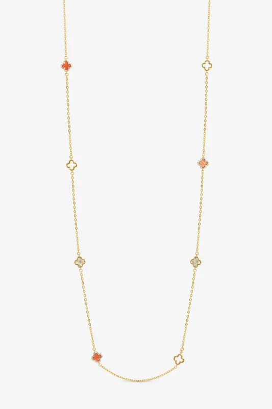 Gold Plated and Coral Long Station Clover Necklace - Jon Richard
