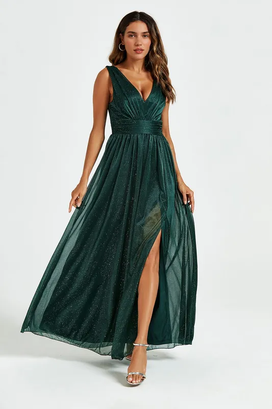 Sparkly V Neck Bridesmaid Maxi Dress - FS Collection