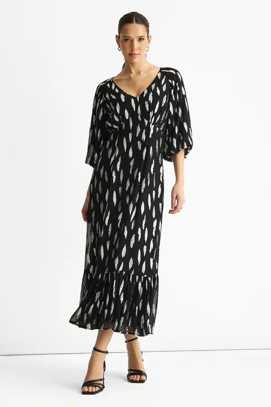 Black Viscose Clipped Balloon Sleeve Maxi Dress - Gini London