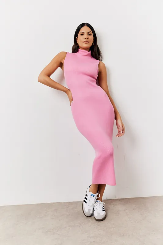 Pink Fine Gauge Roll Neck Knit Co-Ord Midi Dress