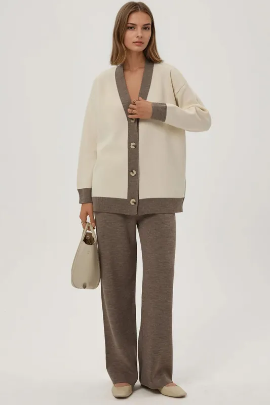 Buttoned Cardigan & Textured High Waist Knit Pants Co-Ord Set