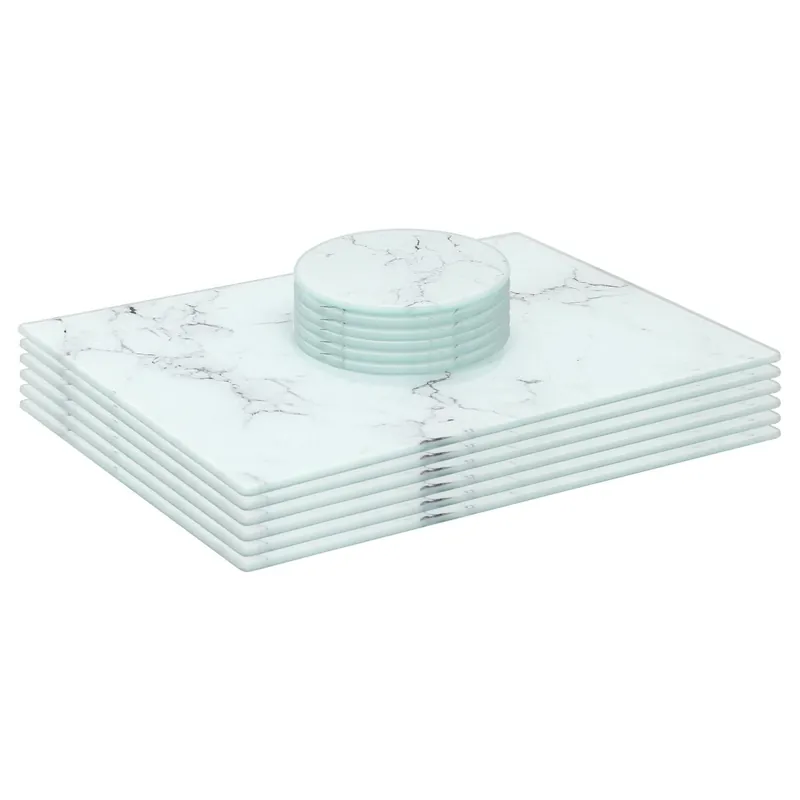 12pc Glass Placemats & Round Coasters Set - 30 x 20cm - Marble Effect