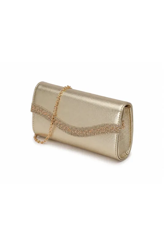 Envelope Clutch Evening Bag with Rhinestone Trim and Flap Closure - Kitise