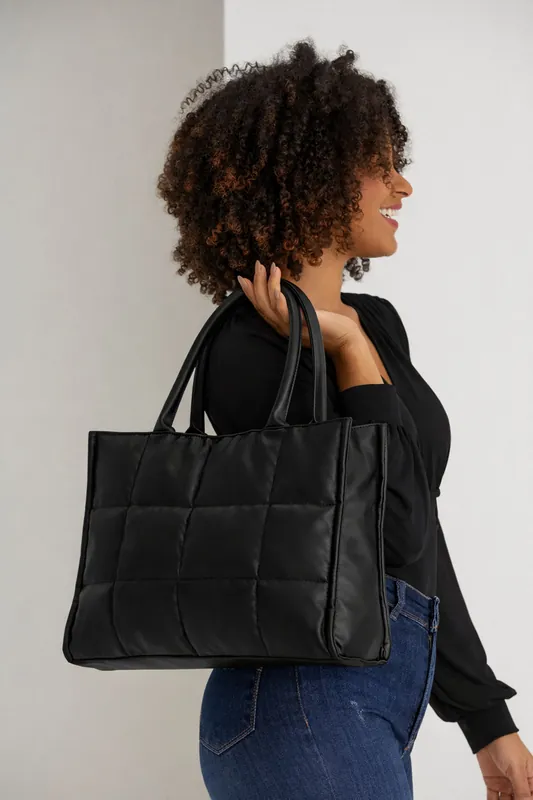 Quilted Pu Leather Tote Bag with Detachable Strap - Belissh
