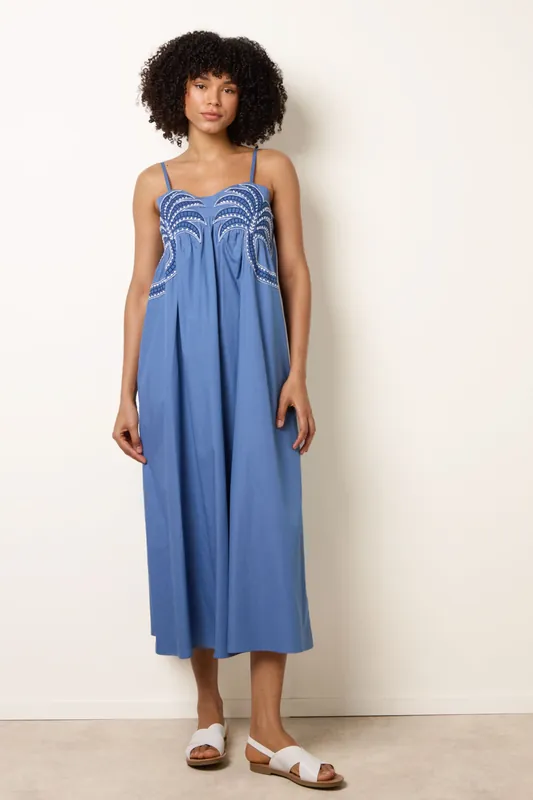 Blue Palm Tree Embroidery Smock Dress - Blue Vanilla