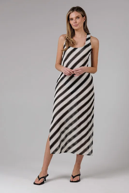 Cotton Blend Stripe Crochet Scoop Neck Tie Back Midi Dress - French Connection